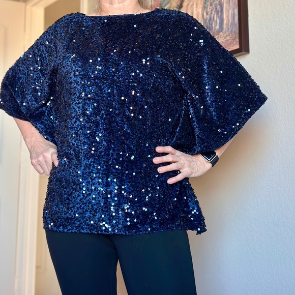 Belle by Kim Gravel Tops - Jingle Belles by Kim Gravel Sequin Paillette Velvet Poncho XS Pageant blue